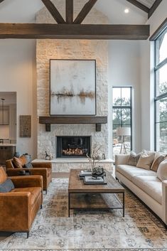 a living room filled with furniture and a fire place in the middle of a room