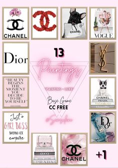 a pink poster with the words chanel, dior and other things on it