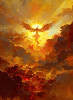 a painting of an angel in the sky with clouds and sun shining through it's wings