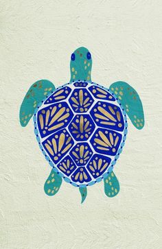 a blue and yellow turtle painted on the side of a white wall with gold accents