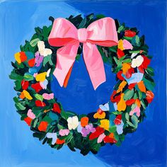 a painting of a pink bow on a wreath with flowers and gummy bears in it