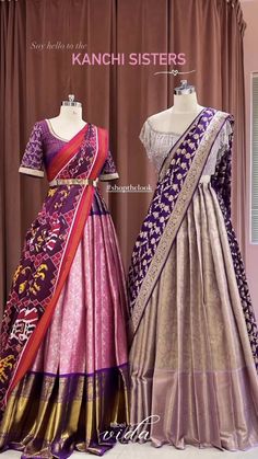 Langa Dhawani Designs, Two Saree Lehenga, Venkatagiri Pattu Lehanga, Lavender Pattu Lehenga, Patu Lehangas For Women, Blouse Designs For Pattu Langas, Kanchi Half Saree Designs, Pastel Colour Half Sarees, Raw Silk Lehenga Designer