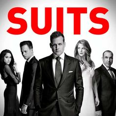 the cast of suits standing together in front of a white background with red letters on it