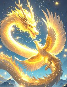 a golden dragon is flying through the sky