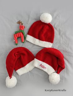 Perfect Santa Hats for Christmas Season PLEASE let me know if you want multiply quantity, via message, and ill change it before you place your order. THANK YOU! Color: red and white Style: beanie (short), hat (long) + PERSONALIZATION! Size: nb-adult Made with acrylic yarn. PLEASE MAKE SURE YOU CHOOSE "hat +NAME" option Otherwise your hat will be shipped with no personalization! If you want personalization on your hat, please make sure you choose the style with "+ NAME".  I have a separate listin Knit Santa Hat, Short Hat, Baby Santa Hat, Elf Hats, Christmas Baby Pictures, Baby Santa, Christmas Toddler, Christmas Beanie, Style Beanie