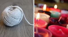 two pictures side by side one with yarn and the other with candles