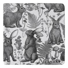 a black and white drawing of rabbits in the forest with mushrooms, ferns, flowers and leaves