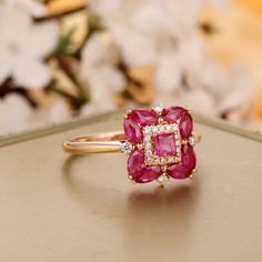 Ruby Ring In 14k Rose Gold With Round Shape, Red Ruby Ring In 14k Rose Gold, Red 14k Rose Gold Rings For Anniversary, Rose Gold Ruby Cluster Ring With Gemstones, Rose Gold Ruby Cluster Ring For Anniversary, Gem Engagement Ring, Gem Engagement Rings, Dream Rings, Interesting Jewelry