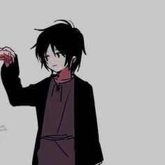 an anime character with black hair is holding something in one hand and looking at the other