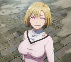 a woman with blonde hair and pink eyes standing in front of a cobblestone road