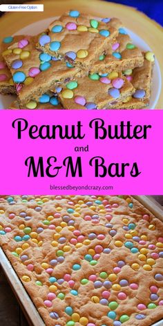 peanut butter and m & m bars on a plate with the words, peanut butter and m