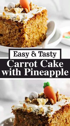 carrot cake with pineapple frosting on a white plate and in the background there is a slice missing