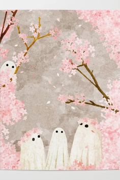 three white birds are standing in front of pink flowers on a gray and beige background