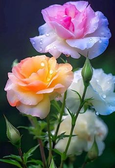 three colorful roses with water droplets on them