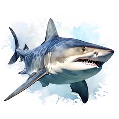 a drawing of a great white shark with its mouth open and teeth wide open, on a blue watercolor background