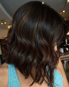 Copper Brown Balayage On Black Hair, Babylights On Black Hair, Deep Purple Highlights, Deep Brown Hair With Highlights, A Line Bob Hairstyles, Brown Highlights On Black Hair, Dark Caramel Highlights, Black Hair With Brown Highlights, Deep Brunette