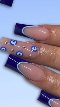 Evil Eye Blue Nails, Evil Eye Nails Blue, Purple Evil Eye Nails, All Seeing Eye Nails, Nails For Turkey, Blue Nails Evil Eye, Evil Eye French Nails, Nails 2024 Blue, Tenerife Nails