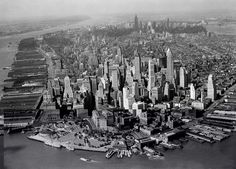 an aerial view of new york city in the 1950's