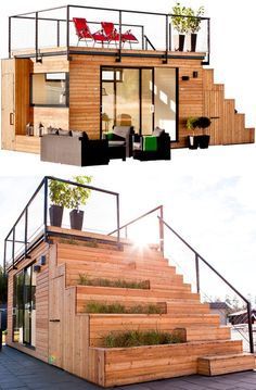 two pictures side by side of a small house with stairs leading up to the roof