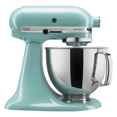 an aqua green kitchen mixer on a white background with the words artisan above it