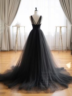 Black A-line Wedding Gown, Black A-line Tulle Evening Dress, Black Tulle A-line Evening Dress, Black Tulle Dress For Evening, Black V-neck Gown With Sweep Train, Black Sleeveless Gown With Sweep Train, Sleeveless Black Gown With Sweep Train, Black Tulle Dress For Formal Occasion, Black Tulle Gown For Evening