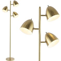 three brass colored lamps with white shades on each lamp, one is turned off and the other is down