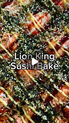 the lion king sushi bake is topped with sesame seeds