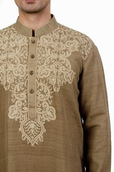 Brown dupion silk kurta with kantha hand embroidery. Comes with churidar. - Aza Fashions Raw Silk Kurta With Intricate Embroidery And Straight Kurta, Straight Kurta In Raw Silk With Intricate Embroidery, Raw Silk Kurta With Intricate Embroidery And Straight Shape, Raw Silk Straight Kurta With Intricate Embroidery, Semi-stitched Embroidered Cotton Silk Kurta, Ceremonial Raw Silk Kurta With Cutdana, Traditional Tussar Silk Sherwani With Resham Embroidery, Traditional Tussar Silk Sherwani For Eid, Festival Chanderi Sherwani With Intricate Embroidery