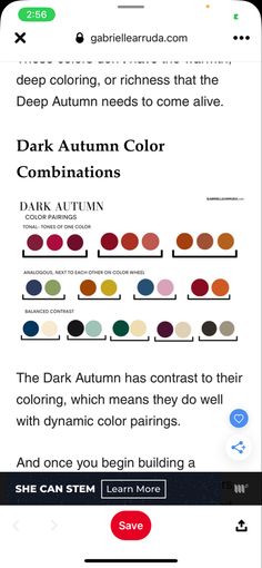 the dark autumn color combinations are shown on an iphone screen, with text below it