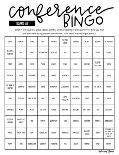 a black and white photo with the words conference bingo written in cursive writing