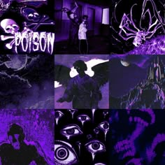 the collage shows various images of people and monsters in purple, black and white