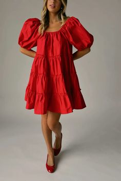 Red Puff Sleeve Dress For Day Out, Red Puff Sleeve Dress With Ruffles, Red Short Sleeve Puff Sleeve Dress For Summer, Red Puff Sleeve Midi Dress, Dressy Summer Outfits, Outfit Ideas Dressy, Date Night Outfit Summer, Cherry Red Color, Secret Dress