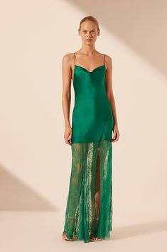 Cowl neck maxi dress with tie details in emerald green in a luxurious silk satin contrasted with a sheer lace. Shona Joy Dress, Dress Emerald Green, Maxi Lace Skirt, Emerald Green Dresses, White Cocktail Dress, Green Dresses, Buy Dresses Online, Shona Joy, Silk Lace