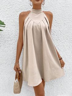 Vestido Sin Mangas Halter Con Cuello Plisado Para Mujer Caqui Casual  sin mangas Tela tricotada Liso A línea,Túnica No-Elástico  Women Clothing, size features are:Bust: ,Length: ,Sleeve Length: Routine For Dogs, Ideal Daily Routine, Bbq Outfits, Daily Routine, Dress P, Halter Neck, Fashion Online Shop, For Dogs, All Fashion