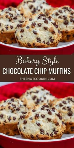 chocolate chip muffins on a red plate with text overlay that reads, bakery style chocolate chip muffins