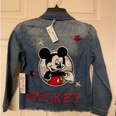 New / Handmade & Machine Sewed On Sequins-Embroidery Mickey Mouse Patch With Red Rhinestone Blackbase Letters. This Would Make Great Present.Jacket Is Perfect For Mickey Mouse Lovers And Great To Wear On A Disney Vacation. Casual Long Sleeve Mickey Mouse Outerwear, Fall Mickey Mouse Cotton Outerwear, Cotton Mickey Mouse Long Sleeve Outerwear, Mickey Mouse Themed Birthday Party, Jacket For Boys, Girls Denim Jacket, Diy Jacket, Toddler Jeans, Sequins Embroidery