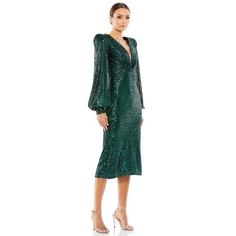 Ieena For Mac Duggal Sequined Mesh Overlay; 100% Polyester Lining Fully Lined Through Bodice And Skirt; Semi-Sheer Unlined Sleeves Plunge Neckline Mesh Bust Inset Long Bishop Sleeves Pointed Shoulder Pads Concealed Back Zipper Approx. 48" From Top Of Shoulder To Bottom Hem Color: Emerald (Dark Green/Black ) Style #26866 Size 10 Event Ball Gown Wedding Maid Of Honor Bridal Avant-Garde Formal Evening Black Tie Wedding Bridesmaid Mother Of Bride Mother Of The Groom Party Gala Prom Homecoming Red Ca Winter Western Dresses, Pointed Shoulder, Short Wedding Guest Dresses, Dresses To Sew, Bishop Sleeve Dress, Sequin Party, African Fashion Ankara, Unique Prom Dresses, Bride Clothes