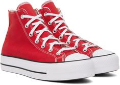 High-top canvas sneakers in red. · Rubber cap toe · Lace-up closure · Logo bonded at inner side · Eyelets vents at inner side · Rubberized logo patch at heel counter · Padded insole · Padded mesh lining · Textured platform midsole · Treaded rubber sole · Contrast stitching in white · Platform: H1.5 Supplier color: Red/White/Black Red Textile Round Toe Canvas Shoes, Red Textile Canvas Shoes With Round Toe, Red Textile Sneakers With Vulcanized Sole, Red Canvas Sneakers With Round Toe, Red High-top Textile Sneakers, Casual Red Canvas Shoes, Red Lace-up Canvas Sneakers, Red High-top Sneakers With Rubber Toe Cap, Sporty Red High-top Sneakers With Rubber Toe Cap