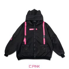 Walk The Neon-Lit Streets In These Uzurai Cyberpunk Tech Oversized Black Pink Jacket From Acdc Rag. This Futuristic Rave Hood Features A Slick Solid Black Color Polyester Base, Neon Pink Tech Strap With Side Release Bucket Detail, Dual Front Pockets, Tech Pockets On The Sleeves, Large Hood With Cat Ears, Ribbed Knit On Cuffs And Hem Line, And Secure Plastic Zipper Closure. This Acdc Rag Uzurai Cyberpunk Tech Oversized Black Pink Jacket Came Straight From The Streets Of Harajuku, Japan. If You Lo Punk Style Pink Long Sleeve Outerwear, Oversized Harajuku Outerwear For Fall, Harajuku Style Winter Streetwear Outerwear, Harajuku Style Winter Outerwear For Streetwear, Winter Harajuku Style Streetwear Outerwear, Oversized Harajuku Outerwear For Streetwear, Pink Punk Outerwear For Streetwear, Black Harajuku Outerwear With Pockets, Harajuku Style Black Outerwear With Pockets