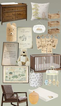 a baby's nursery with teddy bears and other items