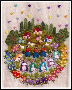 an embroidery project with people and animals in the grass, surrounded by flowers and butterflies