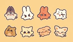 an assortment of cute stickers on a yellow background, including cats and dogs with different facial expressions