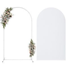 an arch with flowers on it next to a white wall and another arched one side