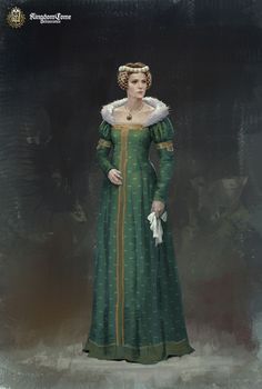 a painting of a woman in a green dress with fur collar and white gloves on