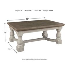 a table with measurements for the top and bottom legs, including an extension to a coffee table