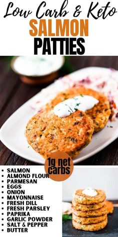 salmon patties with sour cream on top and sauces on the side are shown