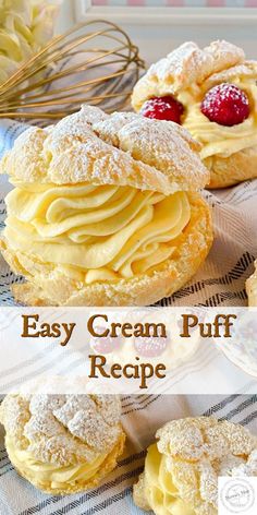 an easy cream puff recipe with powdered sugar and raspberries in the middle