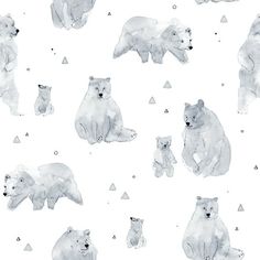 watercolor polar bears and triangles on a white background with black ink, in the style of children's drawings