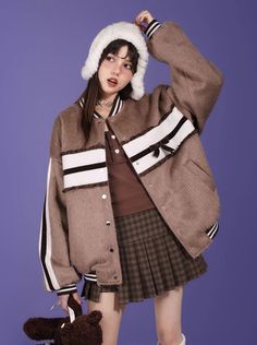 ❤Fur Ribbon Ricing Baseball Jacket❤︎ Winter Varsity Outerwear With Long Sleeves, Winter Long Sleeve College Track Jacket, Winter Varsity Outerwear With Pockets, Winter Varsity Long Sleeve Track Jacket, Varsity Winter Outerwear With Pockets, Varsity Style Winter Outerwear With Pockets, Casual Brown Hooded Varsity Jacket, Winter Beige Track Jacket For Streetwear, Beige Track Jacket For Winter Streetwear