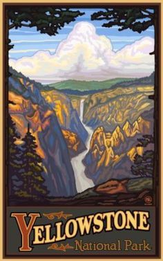 the yellowstone national park poster with mountains and trees in the background, framed by wood frame